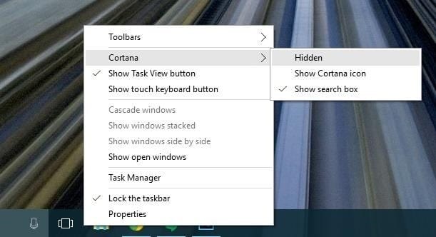 Nascondi ricerca e visualizzazione attività sulla barra delle applicazioni di Windows 10