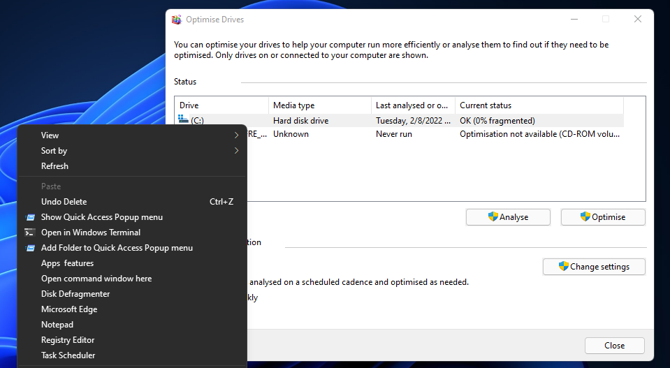 Como configurar atalhos do menu de contexto do desfragmentador de disco no Windows 11