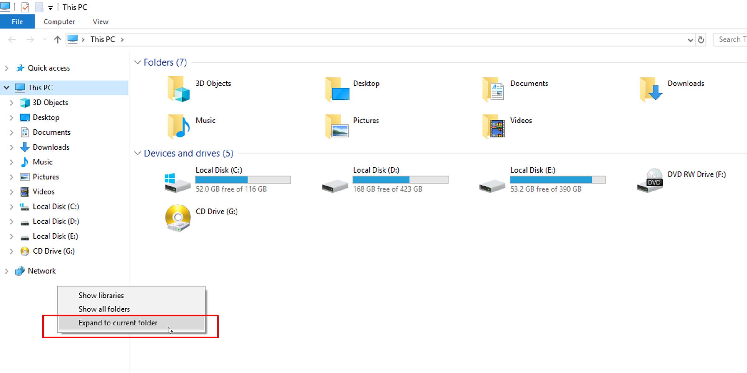 Cómo detener la expansión del panel de navegación de Windows 10 a la carpeta actual