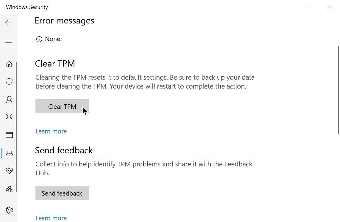 TPM Windows Clear. Alert TPM device is not detected!. Clear TPM Keys. Tpm device