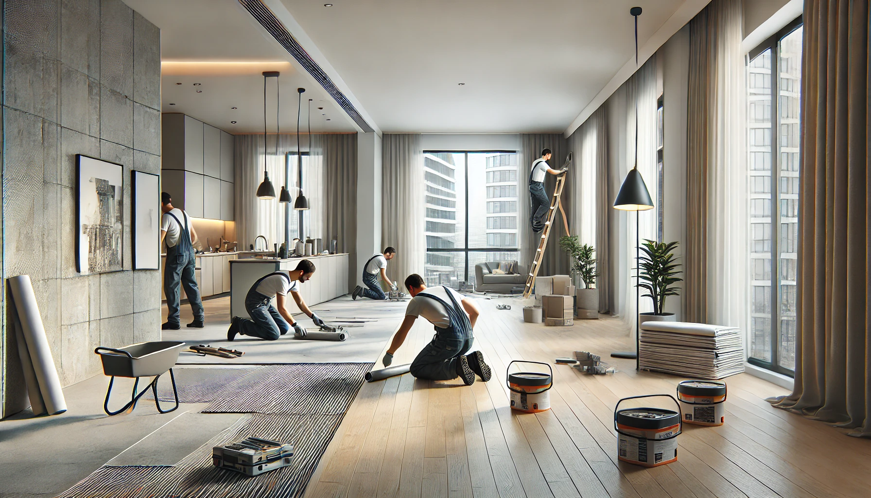 room renovation, apartment remodeling, Kyiv📸📸Realistic photo of an apartment under renovation, with workers installing new flooring and painting walls. Bright and clean setting, showcasing modern design elements📸📸 Ціни на ремонт квартир у Києві